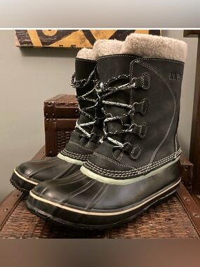 LL Bean Shearling-Lined Winter Duck Boots - Black/Gray - #284882 - Leather